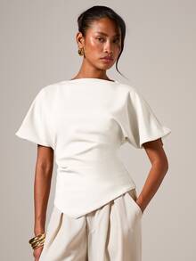 COSMINA Women's Elegant Ruched Round Neck T-Shirt, Suitable For All Seasons - White - View 3