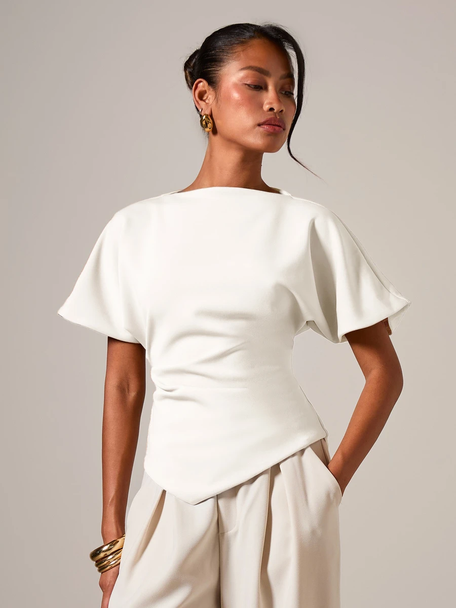 COSMINA Women's Elegant Ruched Round Neck T-Shirt, Suitable For All Seasons - White - View 1