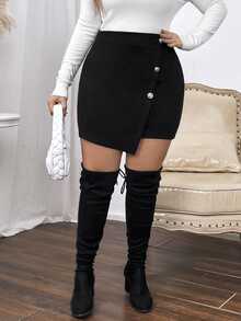 SHEIN Clasi Plus Button Front Asymmetrical Hem Skirt - Black - View 5