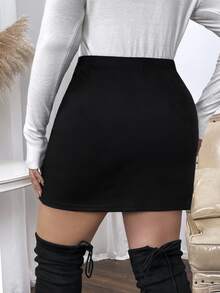 SHEIN Clasi Plus Button Front Asymmetrical Hem Skirt - Black - View 2