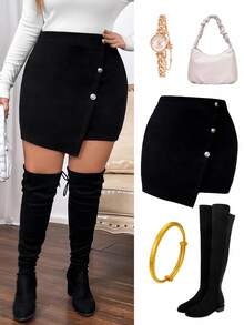 SHEIN Clasi Plus Button Front Asymmetrical Hem Skirt - Black - View 4