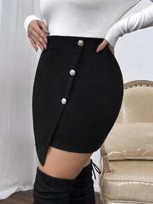 SHEIN Clasi Plus Button Front Asymmetrical Hem Skirt - Black - View 7
