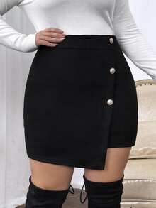 SHEIN Clasi Plus Button Front Asymmetrical Hem Skirt - Black - View 6