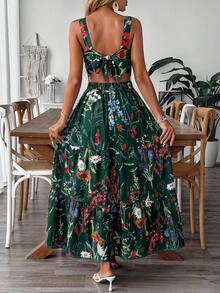 EMERY ROSE Women's Floral Print Waist-Cinched Dress With Bow Tie Back Design, Elegant For Vacation, Commute And Daily Wear - Dark Green - View 2