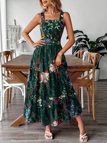 EMERY ROSE Women's Floral Print Waist-Cinched Dress With Bow Tie Back Design, Elegant For Vacation, Commute And Daily Wear - Dark Green - View 3