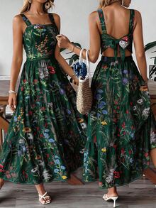 EMERY ROSE Women's Floral Print Waist-Cinched Dress With Bow Tie Back Design, Elegant For Vacation, Commute And Daily Wear - Dark Green - View 5
