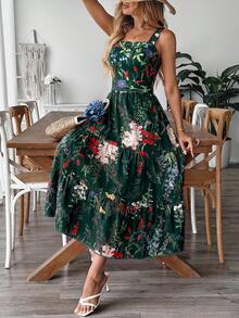 EMERY ROSE Women's Floral Print Waist-Cinched Dress With Bow Tie Back Design, Elegant For Vacation, Commute And Daily Wear - Dark Green - View 6