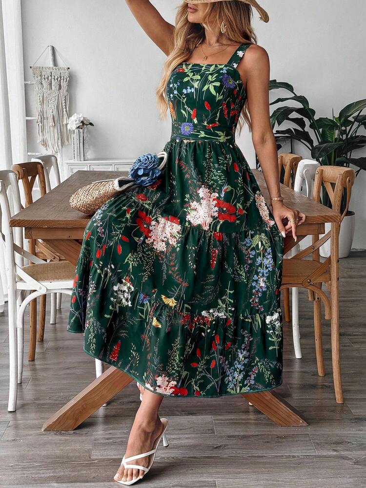 EMERY ROSE 女士碎花束腰连衣裙，后背蝴蝶结系带设计，优雅大方，适合度假、通勤和日常穿着。 - 墨綠色 - 查看 6