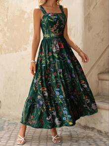 EMERY ROSE Women's Floral Print Waist-Cinched Dress With Bow Tie Back Design, Elegant For Vacation, Commute And Daily Wear - Dark Green - View 1