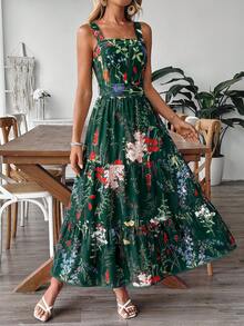 EMERY ROSE Women's Floral Print Waist-Cinched Dress With Bow Tie Back Design, Elegant For Vacation, Commute And Daily Wear - Dark Green - View 4