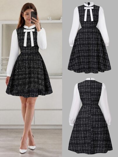 Teen Girl Autumn Dresses Exquisite Puff Sleeve Patchwork Bow Decor A-Line Princess 2 In 1 Dress, Elegant Casual, Suitable For School, Party Black