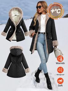 SHEIN Clasi Women's Patchwork Faux Fur Drawstring Waist Casual Hooded Winter Jacket - Black - View 1