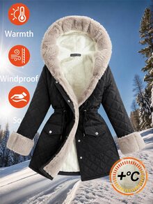 SHEIN Clasi Women's Patchwork Faux Fur Drawstring Waist Casual Hooded Winter Jacket - Black - View 6