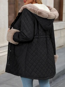 SHEIN Clasi Women's Patchwork Faux Fur Drawstring Waist Casual Hooded Winter Jacket - Black - View 2