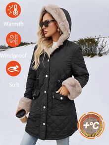 SHEIN Clasi Women's Patchwork Faux Fur Drawstring Waist Casual Hooded Winter Jacket - Black - View 9