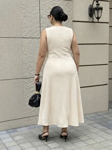 Dripcurv 時尚杏色無袖鈕扣前襟口袋女款優雅休閒中長洋裝 - 杏色 - 查看 2
