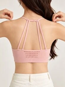 SHEIN 1 pieza Sujetador deportivo sin costuras de una pieza de punto rosa con diseño calado y almohadillas desmontables para mujer, para entrenamiento al aire libre, fitness, yoga, correr - Rosa - Ver 3