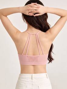 SHEIN 1 pieza Sujetador deportivo sin costuras de una pieza de punto rosa con diseño calado y almohadillas desmontables para mujer, para entrenamiento al aire libre, fitness, yoga, correr - Rosa - Ver 2