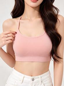 SHEIN 1 pieza Sujetador deportivo sin costuras de una pieza de punto rosa con diseño calado y almohadillas desmontables para mujer, para entrenamiento al aire libre, fitness, yoga, correr - Rosa - Ver 5