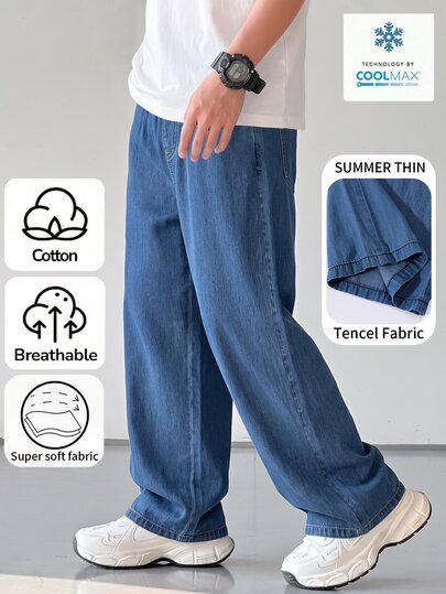 One Piece Tween Boys 2026 Spring Summer Dark Blue Tencel Denim Pants Big Boys Elastic Waist Drawstring Straight Wide Leg Casual School Street Style