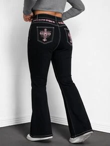 Jeanoix Plus Size Women's Cross Embroidery Pattern Casual Daily Wear Flare Jeans - Black - View 8