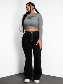 Jeanoix Plus Size Women's Cross Embroidery Pattern Casual Daily Wear Flare Jeans - Black - View 7