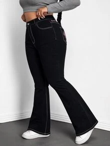 Jeanoix Plus Size Women's Cross Embroidery Pattern Casual Daily Wear Flare Jeans - Black - View 4
