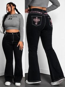 Jeanoix Plus Size Women's Cross Embroidery Pattern Casual Daily Wear Flare Jeans - Black - View 1