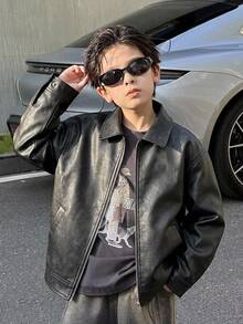 SHEIN Young Boys Casual Loose Kids Lapel Autumn Jacket - Black - View 3
