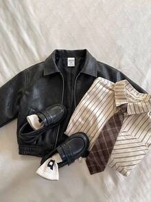 SHEIN Young Boys Casual Loose Kids Lapel Autumn Jacket - Black - View 1