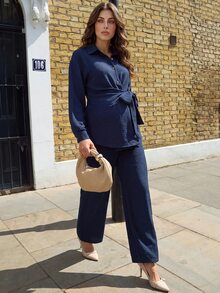 SHEIN Maternity Solid Color Ruched Long Sleeve Top And Adjustable Waist Long Pants Casual Daily 2 Pieces Set Fall Work Outfits Formal Luxury Going Out Chic - Navy Blue - View 3