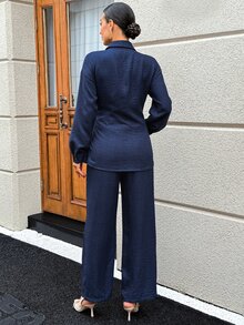 SHEIN Maternity Solid Color Ruched Long Sleeve Top And Adjustable Waist Long Pants Casual Daily 2 Pieces Set Fall Work Outfits Formal Luxury Going Out Chic - Navy Blue - View 5