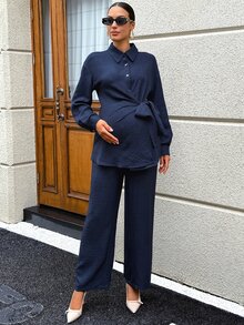 SHEIN Maternity Solid Color Ruched Long Sleeve Top And Adjustable Waist Long Pants Casual Daily 2 Pieces Set Fall Work Outfits Formal Luxury Going Out Chic - Navy Blue - View 6