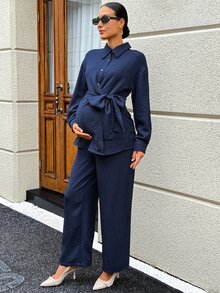 SHEIN Maternity Solid Color Ruched Long Sleeve Top And Adjustable Waist Long Pants Casual Daily 2 Pieces Set Fall Work Outfits Formal Luxury Going Out Chic - Navy Blue - View 7