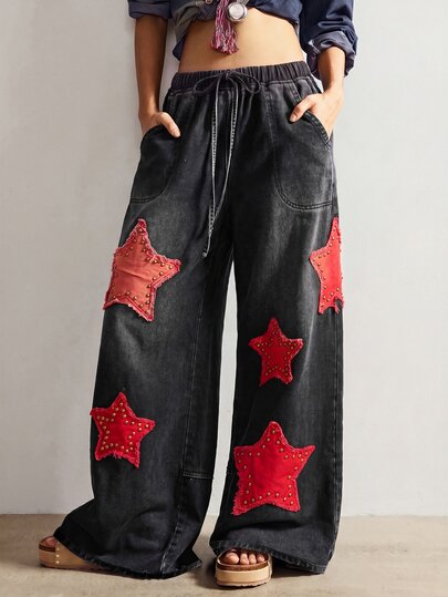 Bohemela Plus Size Women's Baggy Wide Leg Denim Jeans With Grey Star Applique And Stud Embellishment, Drawstring Waist Concert Club Fall Anti Social Novelty