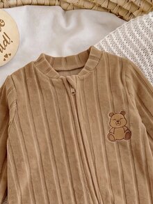 SHEIN 新生兒男嬰/女嬰可愛休閒針織卡通圖案卡其色秋冬連身衣 - 卡其色 - 查看 3