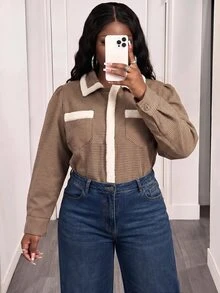 Slaydiva Mantel Wanita Ukuran Besar, Jaket Tweed Pendek Berkerah Bulu Kotak-kotak dengan Kantong Berpenutup - Coklat - View 6