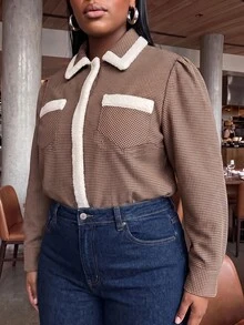 Slaydiva Mantel Wanita Ukuran Besar, Jaket Tweed Pendek Berkerah Bulu Kotak-kotak dengan Kantong Berpenutup - Coklat - View 4
