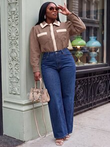 Slaydiva Mantel Wanita Ukuran Besar, Jaket Tweed Pendek Berkerah Bulu Kotak-kotak dengan Kantong Berpenutup - Coklat - View 7