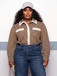 Slaydiva Mantel Wanita Ukuran Besar, Jaket Tweed Pendek Berkerah Bulu Kotak-kotak dengan Kantong Berpenutup - Coklat - View 2
