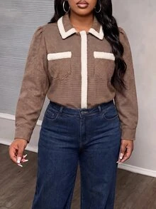 Slaydiva Mantel Wanita Ukuran Besar, Jaket Tweed Pendek Berkerah Bulu Kotak-kotak dengan Kantong Berpenutup - Coklat - View 8