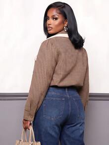 Slaydiva Mantel Wanita Ukuran Besar, Jaket Tweed Pendek Berkerah Bulu Kotak-kotak dengan Kantong Berpenutup - Coklat - View 3