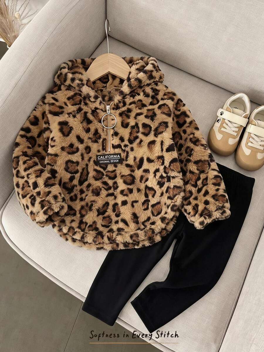 Cozy Pixies 2件組女嬰休閒日常舒適印花毛絨連帽套頭衛衣+彈性針織修身打底褲秋冬套裝 - 棕色 - 查看 1