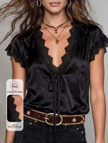 Chikora Plus Size Summer Elegant Solid Color Lace Trim Blouse - Black - View 5