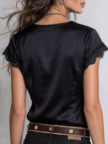 Chikora Plus Size Summer Elegant Solid Color Lace Trim Blouse - Black - View 6