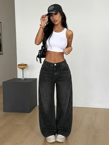 SHEIN PETITE 女款口袋寬腿寬鬆休閒百搭牛仔褲 - 黑色 - 查看 5