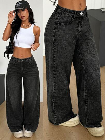 SHEIN PETITE Women's Pocket Wide Leg Loose Casual Versatile Denim Jeans