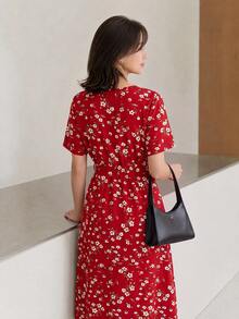 EMERY ROSE 女士 V 领短袖花卉印花休闲连衣裙情人节连衣裙红色连衣裙 - 紅色 - 查看 3
