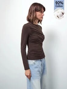 Maija تي شيرت نسائي مطوي بأكمام طويلة للموضة مناسب للعطلات والاستخدام اليومي - بني - مشاهدة 5