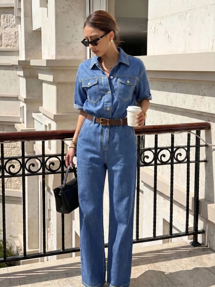 Siren Gaze Women's Short Sleeve Button Half-Placket Casual Denim Jumpsuit - Medium Wash - View 8